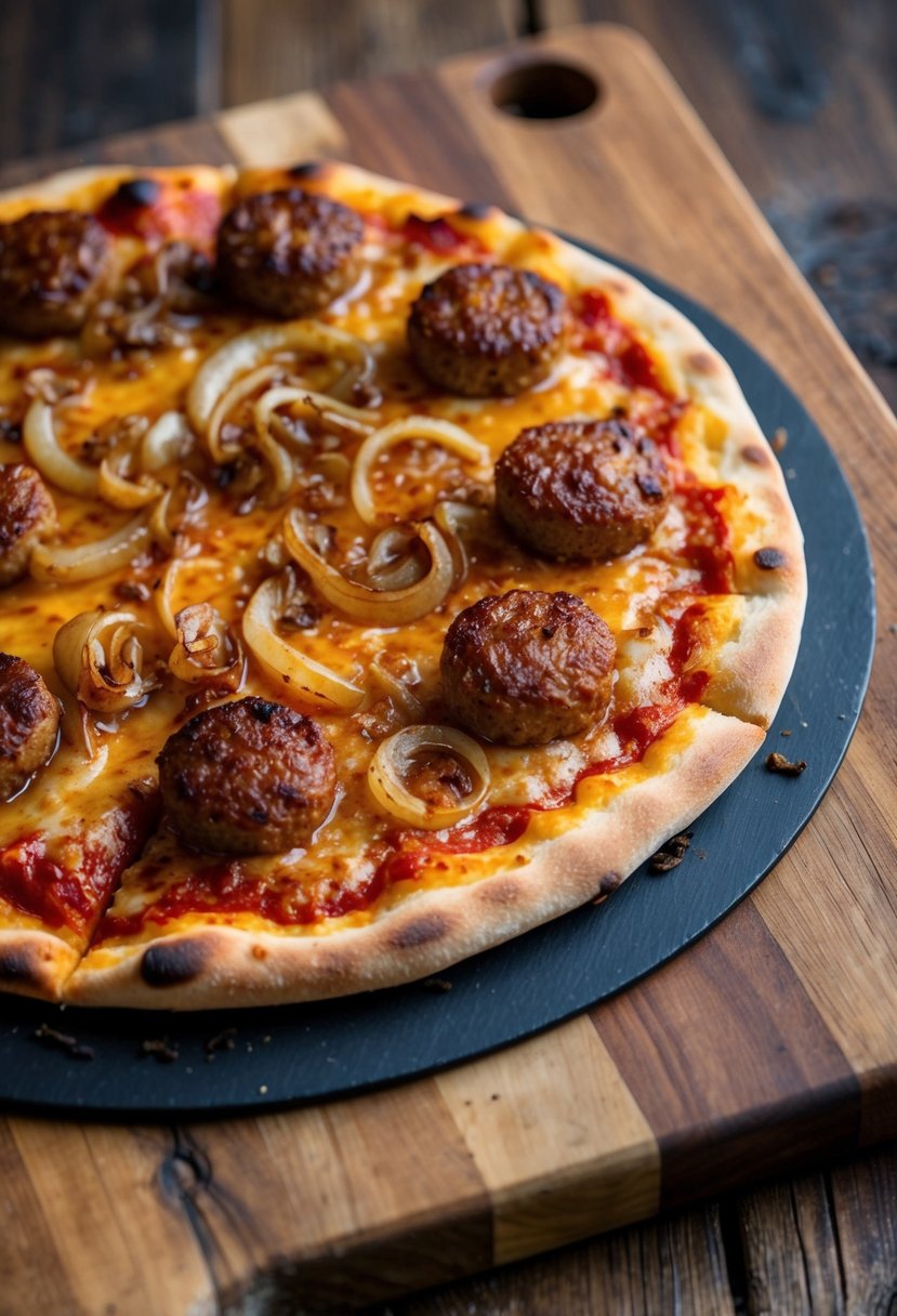 A sizzling Italian sausage pizza topped with caramelized onions on a rustic wooden cutting board