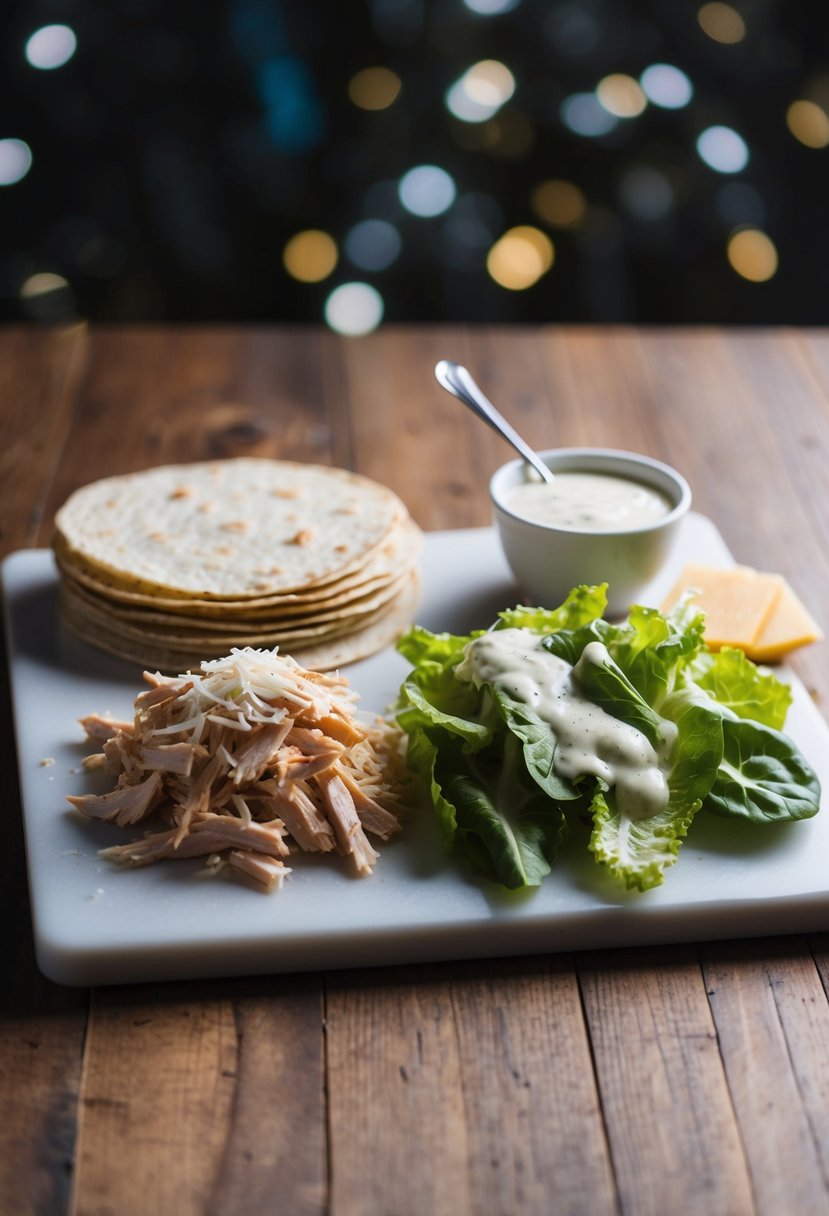 A cutting board with shredded chicken, romaine lettuce, parmesan cheese, and Caesar dressing laid out next to tortillas