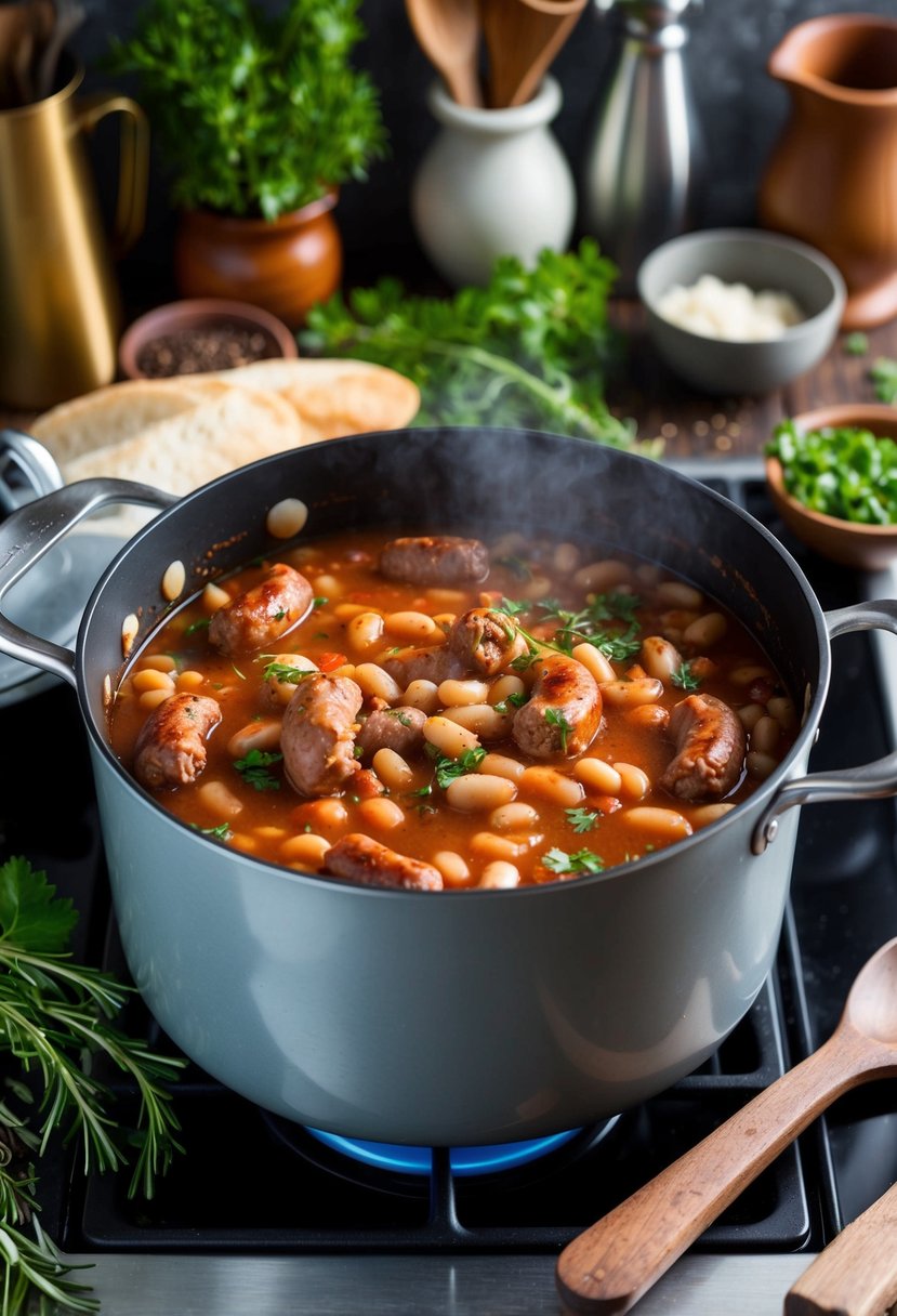 A bubbling pot of Italian sausage and bean stew simmers on a stovetop, surrounded by fresh herbs and rustic kitchen utensils