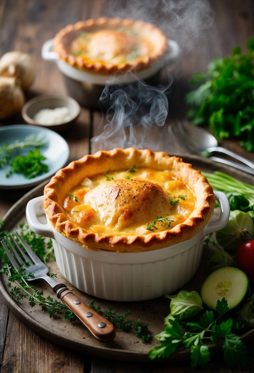 A steaming chicken pot pie sits on a rustic wooden table, surrounded by fresh herbs and vegetables. The golden crust is flaky and inviting