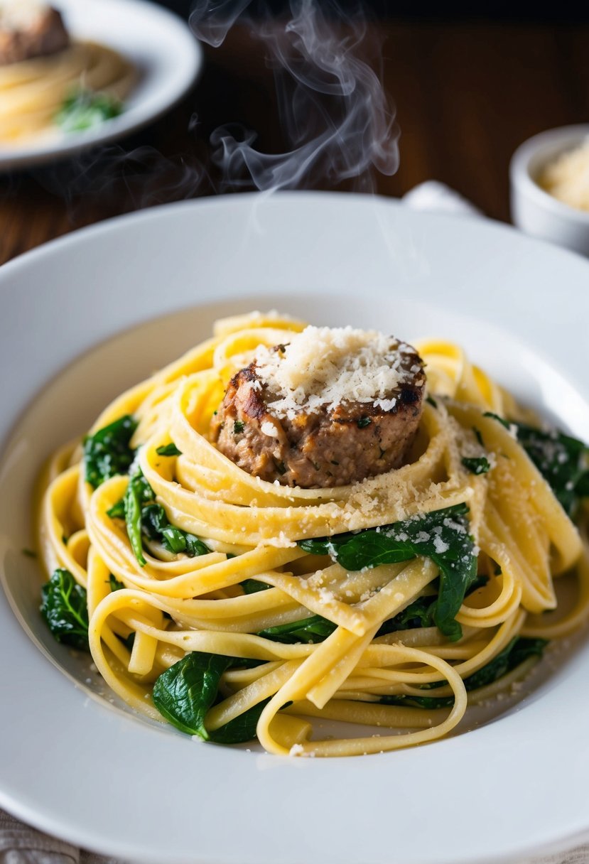 A steaming plate of fettuccine twirled with Italian sausage and spinach, topped with grated parmesan cheese