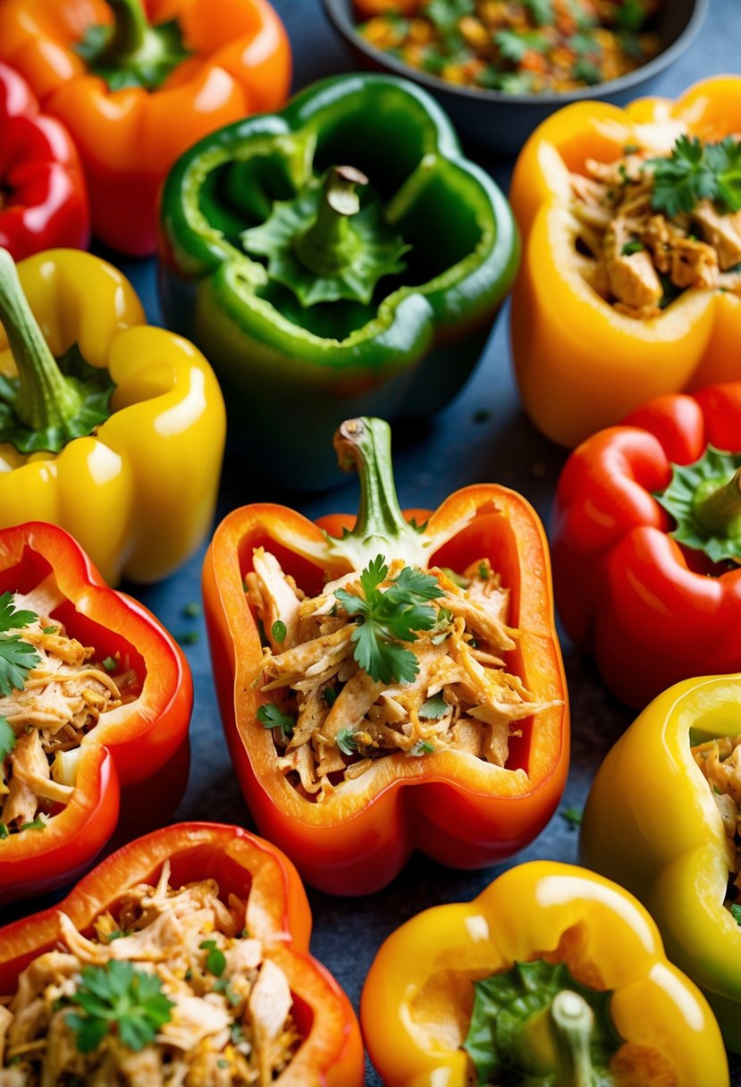 A colorful array of bell peppers, sliced open and filled with a savory mixture of shredded chicken, herbs, and spices