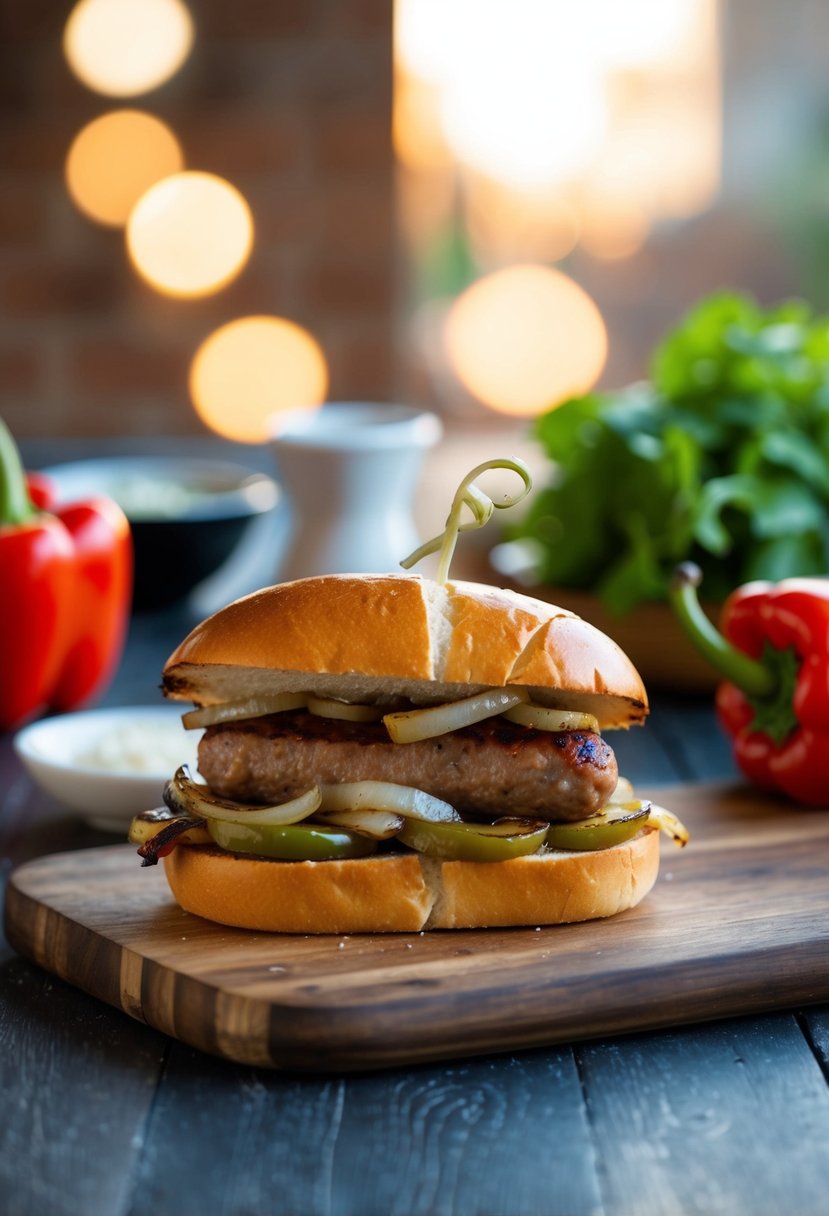 A sizzling Italian sausage sandwich with grilled peppers and onions on a toasted roll