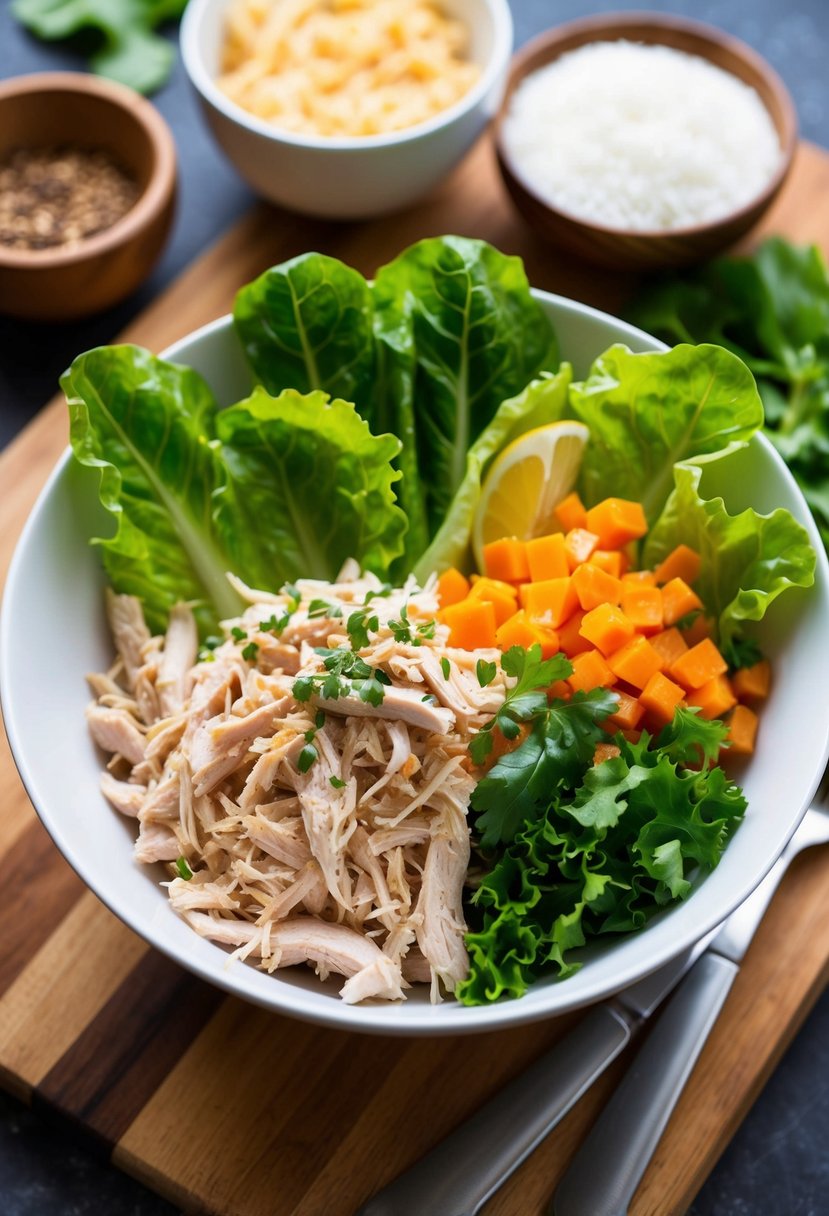 A bowl of shredded chicken, lettuce leaves, and various ingredients arranged on a wooden cutting board