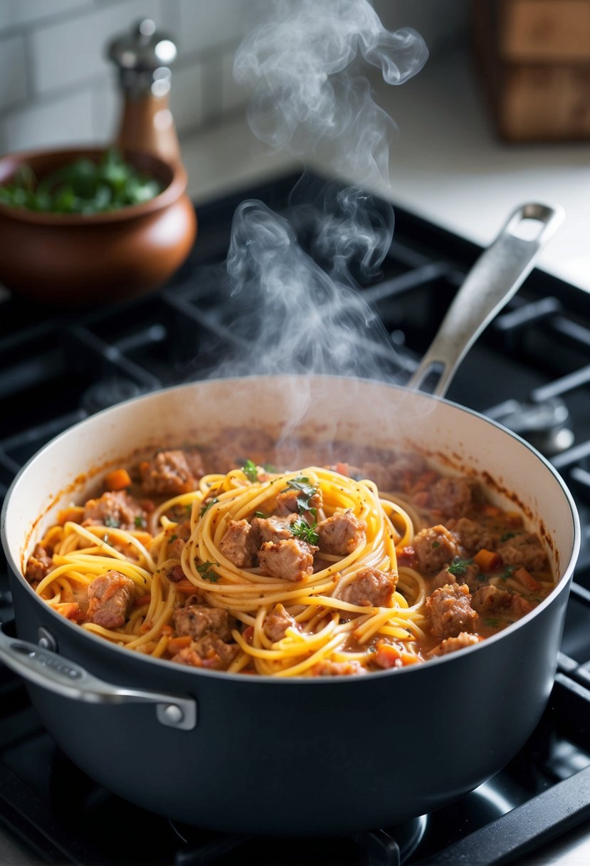 A bubbling pot of Italian sausage pasta simmers on the stove, steam rising and the aroma of herbs and spices filling the air