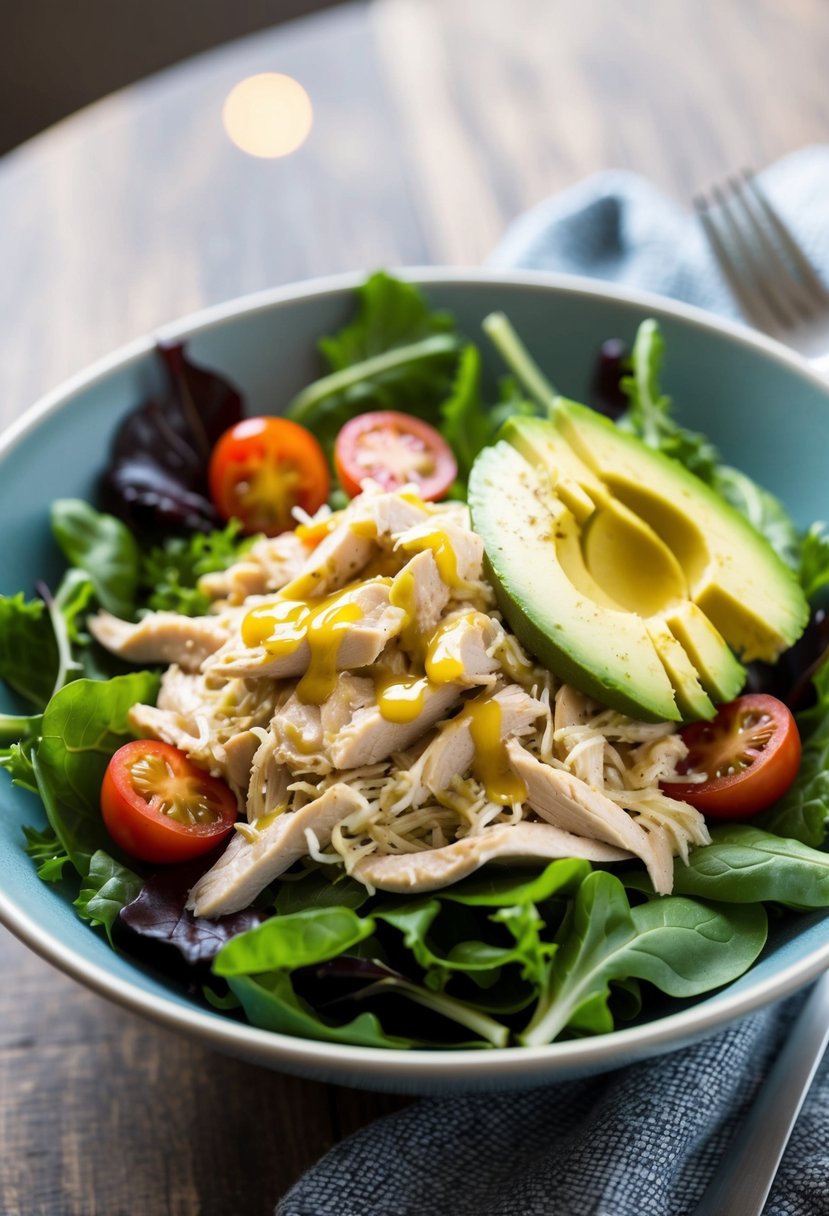 A bowl of mixed greens topped with shredded chicken, sliced avocado, cherry tomatoes, and a drizzle of vinaigrette