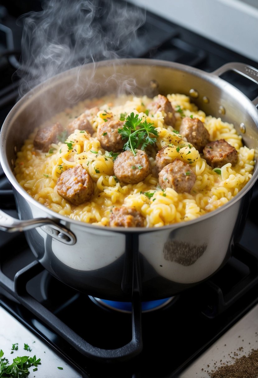 A steaming pot of creamy Italian sausage risotto bubbling on a stovetop, surrounded by scattered herbs and spices