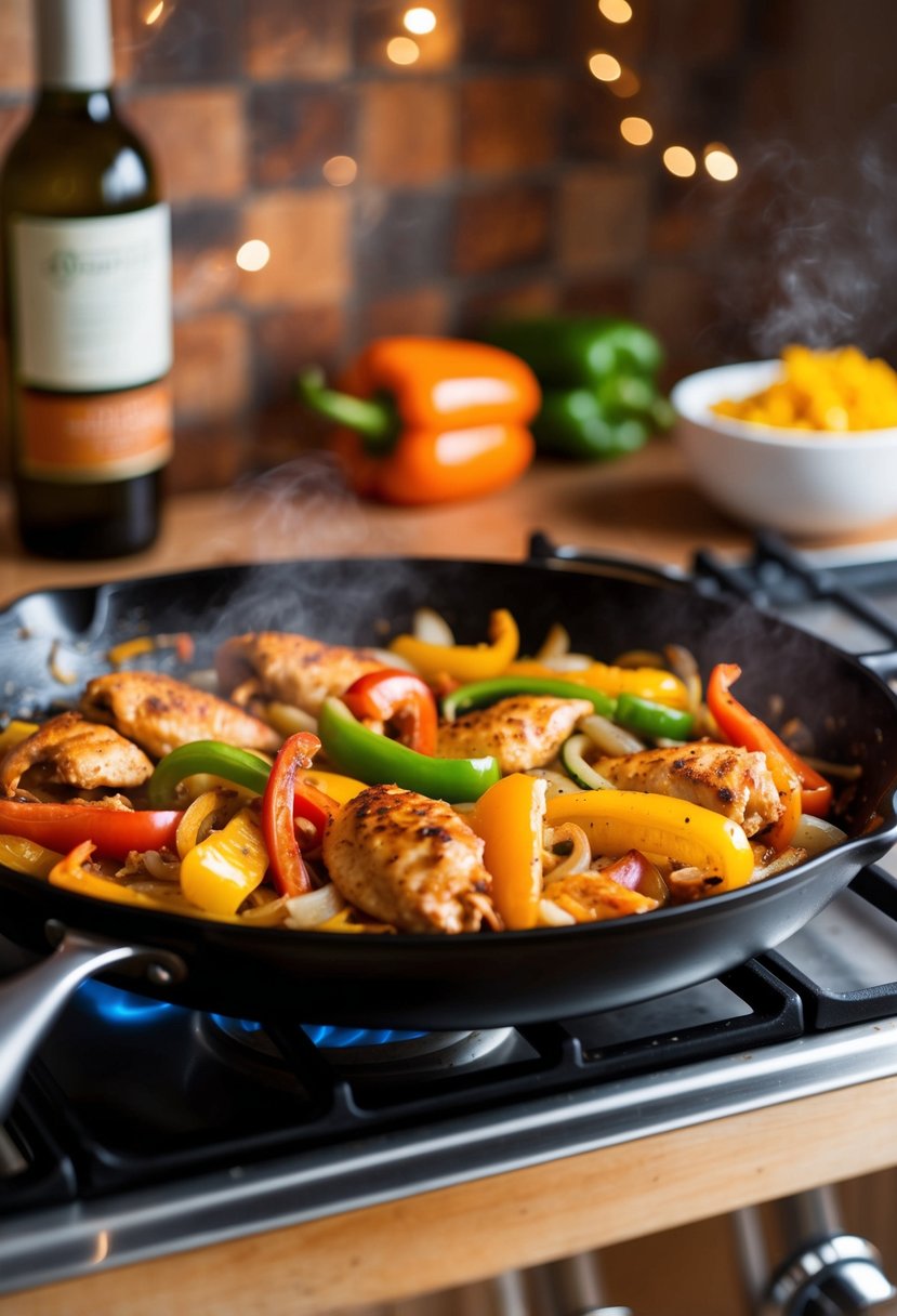 A sizzling skillet of chicken fajitas with colorful bell peppers and onions cooking on a stovetop