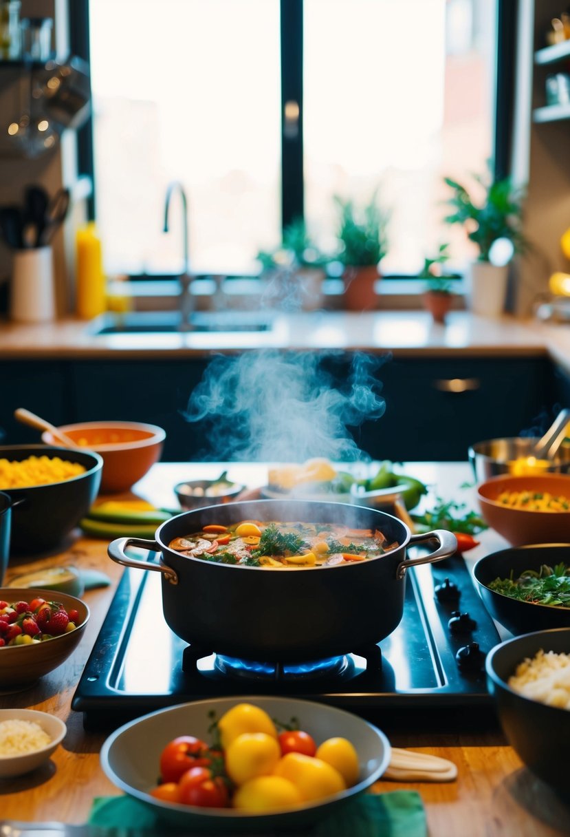 A table filled with colorful ingredients and cooking utensils. A pot simmering on the stove, emitting delicious aromas