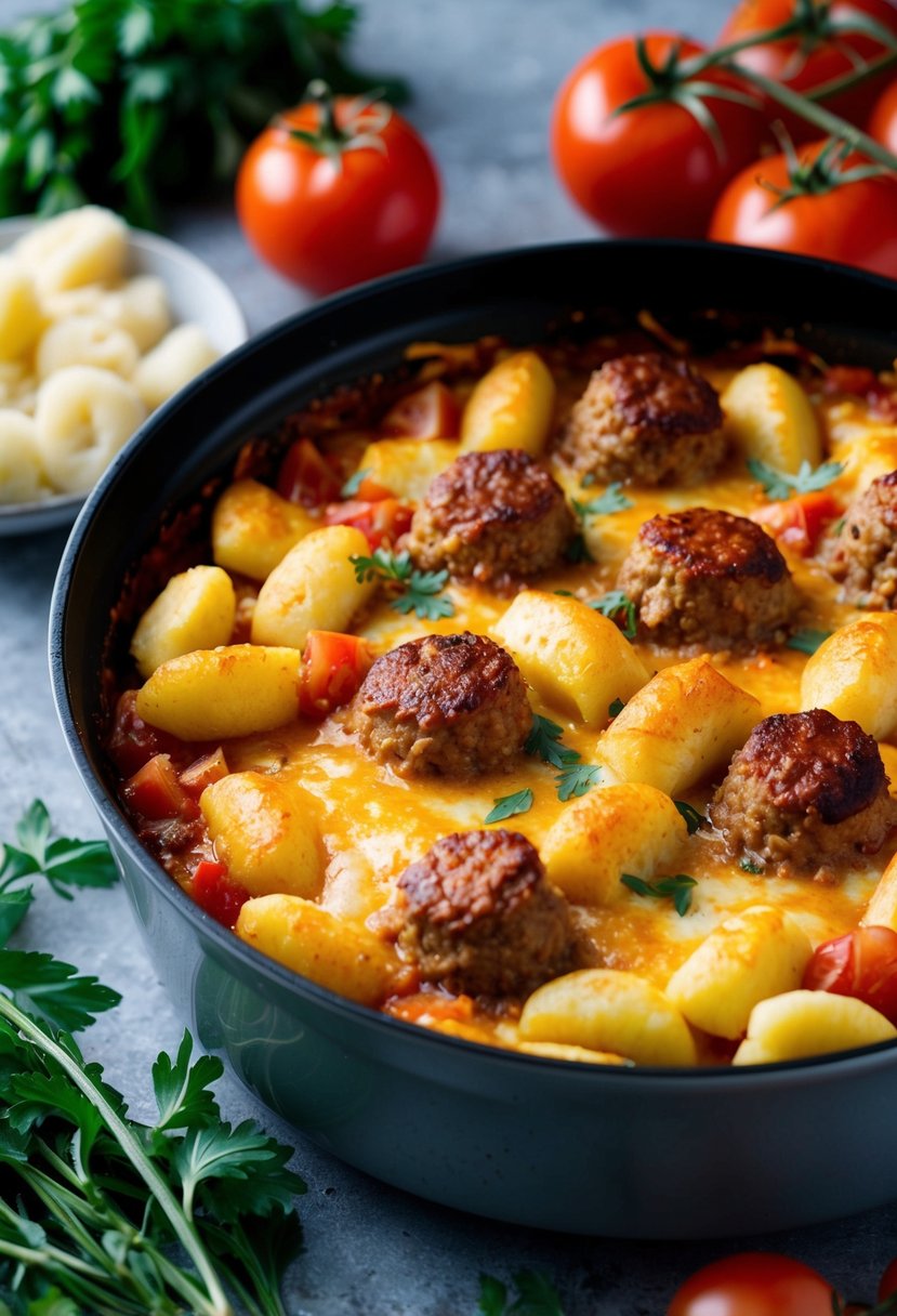 A bubbling casserole dish filled with golden-brown Italian sausage, pillowy gnocchi, and melted cheese, surrounded by fresh herbs and tomatoes