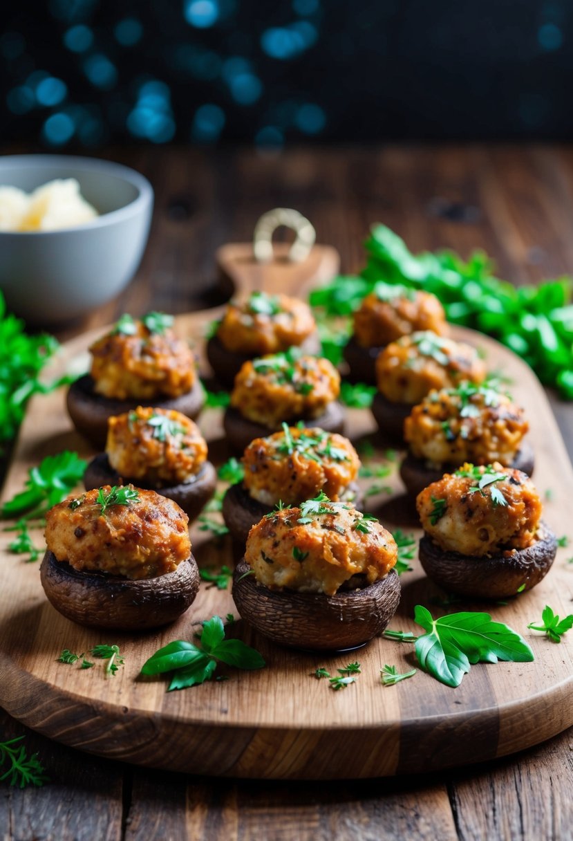 A platter of stuffed mushrooms with Italian sausage, garnished with fresh herbs and served on a rustic wooden board