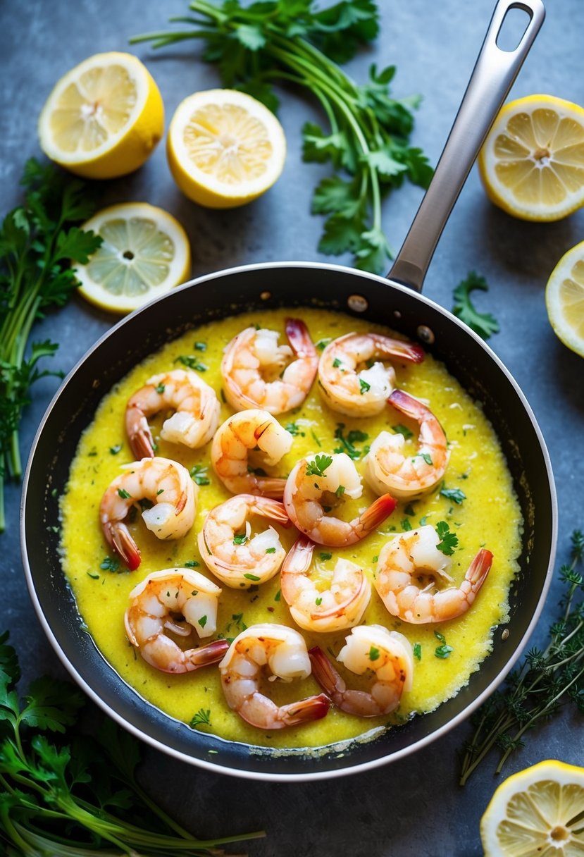 A sizzling skillet of shrimp in a bubbling lemon garlic butter sauce, surrounded by fresh herbs and sliced lemons