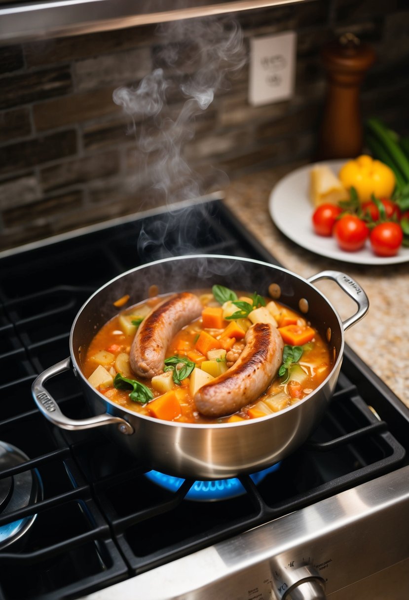 A steaming pot of Zuppa Toscana with Italian sausage and hearty vegetables simmering on a stovetop