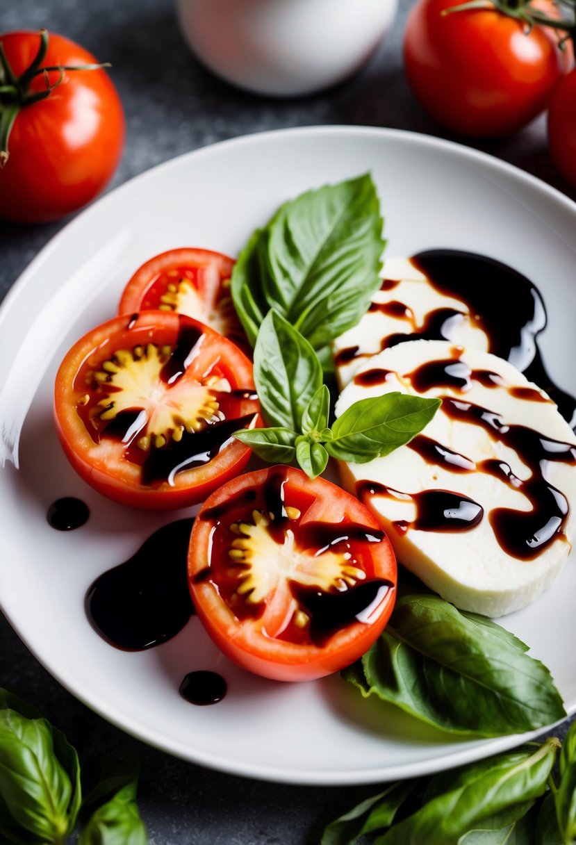 A white plate with vibrant red tomatoes, fresh green basil leaves, and slices of mozzarella drizzled with balsamic glaze