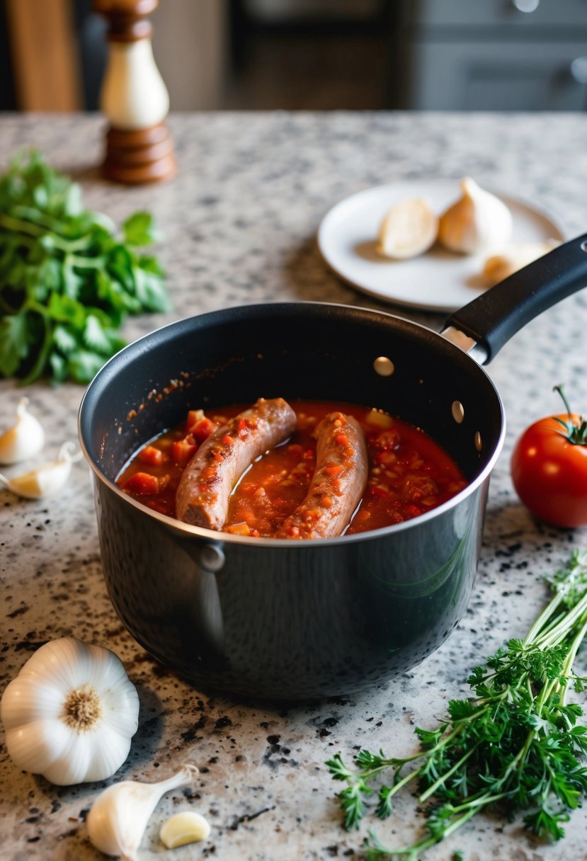 A pot simmering with Italian sausage and tomato sauce. Onions, garlic, and herbs scattered on the countertop