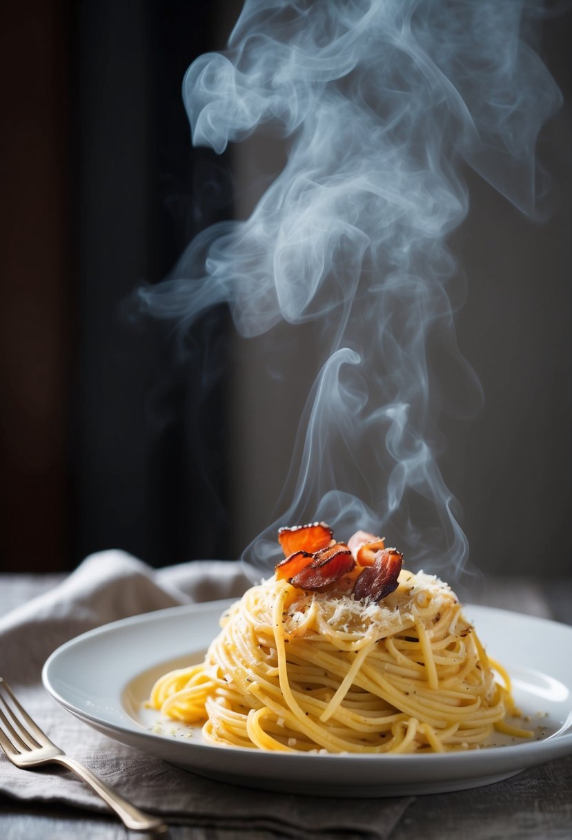 A steaming plate of spaghetti carbonara garnished with crispy bacon and sprinkled with grated cheese