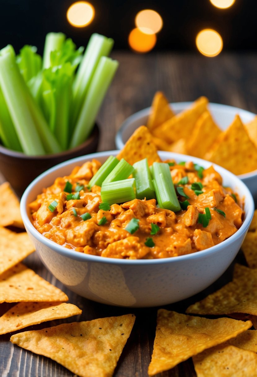 A bowl of bubbling buffalo chicken dip surrounded by tortilla chips and celery sticks