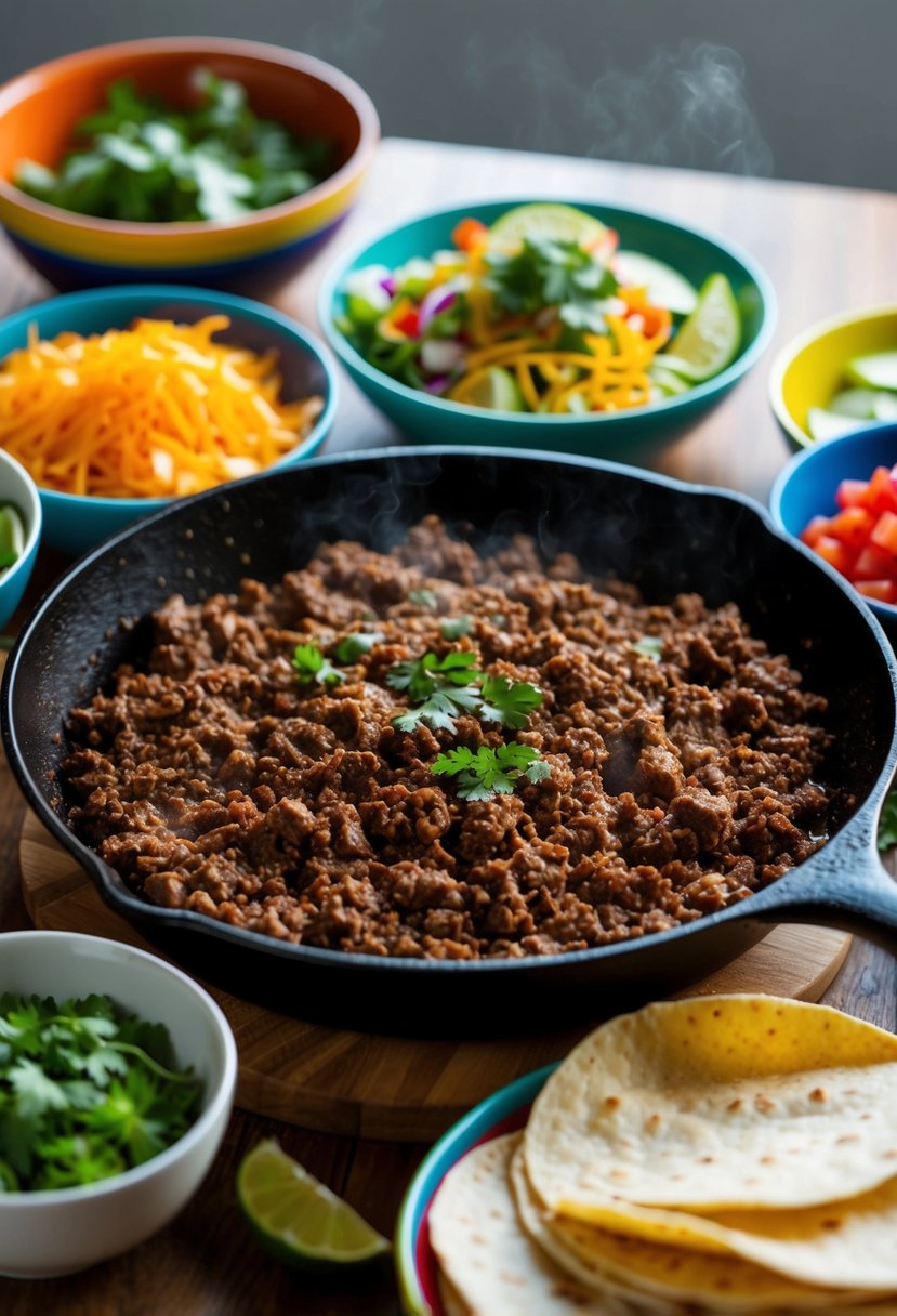 A sizzling skillet of seasoned ground beef, surrounded by colorful bowls of fresh toppings and warm tortillas