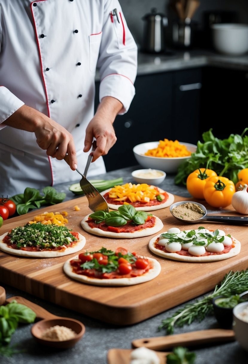 A chef prepares various toppings for flatbread pizzas on a wooden cutting board surrounded by fresh ingredients and kitchen utensils