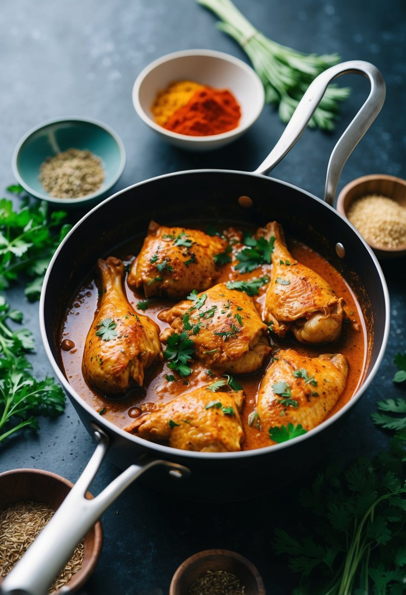 A bubbling pot of red curry chicken surrounded by fresh herbs and spices