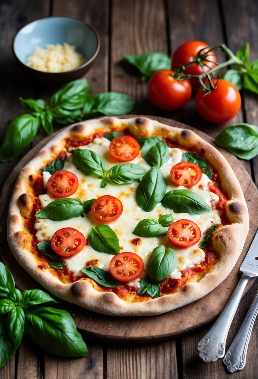 A rustic wooden table with a freshly baked Margherita flatbread pizza surrounded by vibrant green basil leaves and ripe red tomatoes