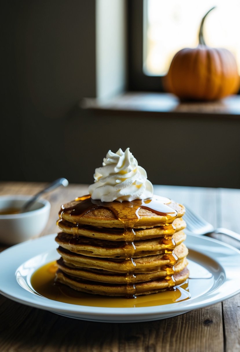 A stack of pumpkin spice pancakes topped with syrup and a dollop of whipped cream on a white plate