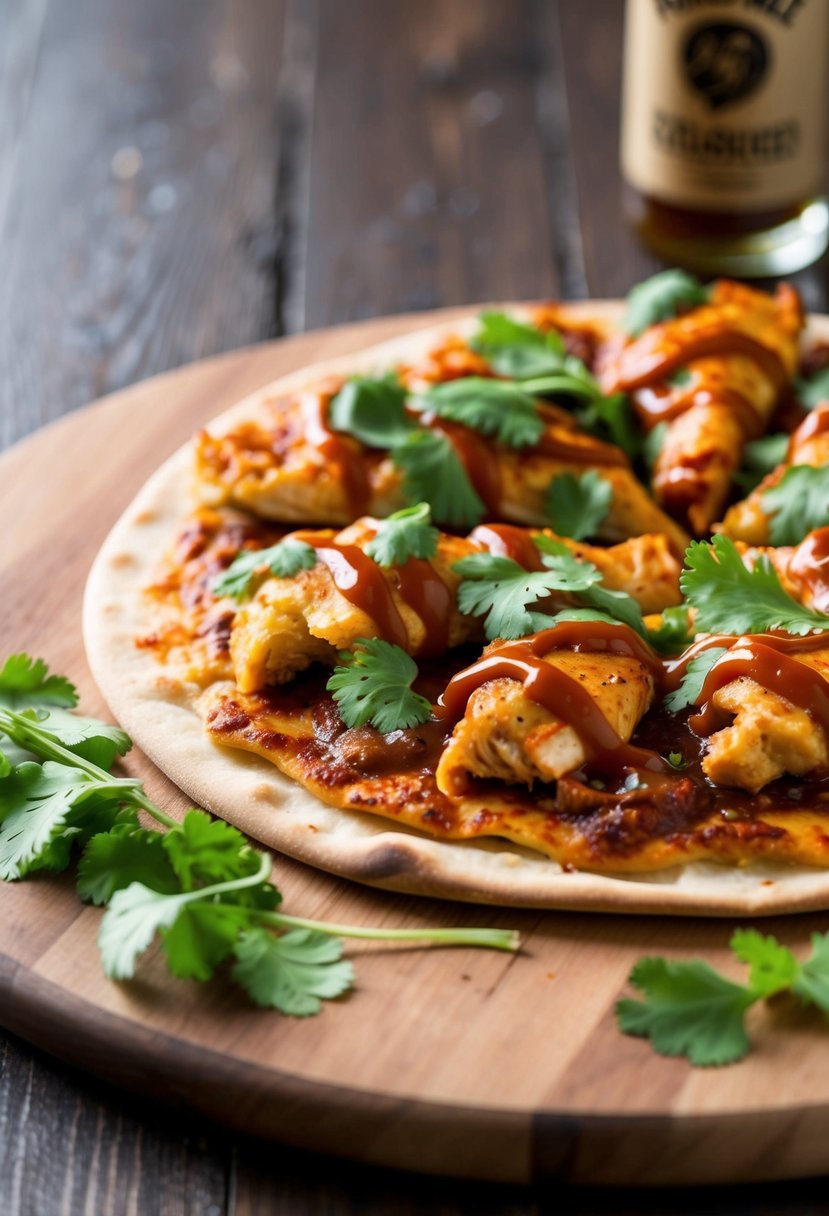 A sizzling BBQ Chicken Delight flatbread pizza, topped with juicy chicken, tangy barbecue sauce, melted cheese, and fresh cilantro on a wooden cutting board