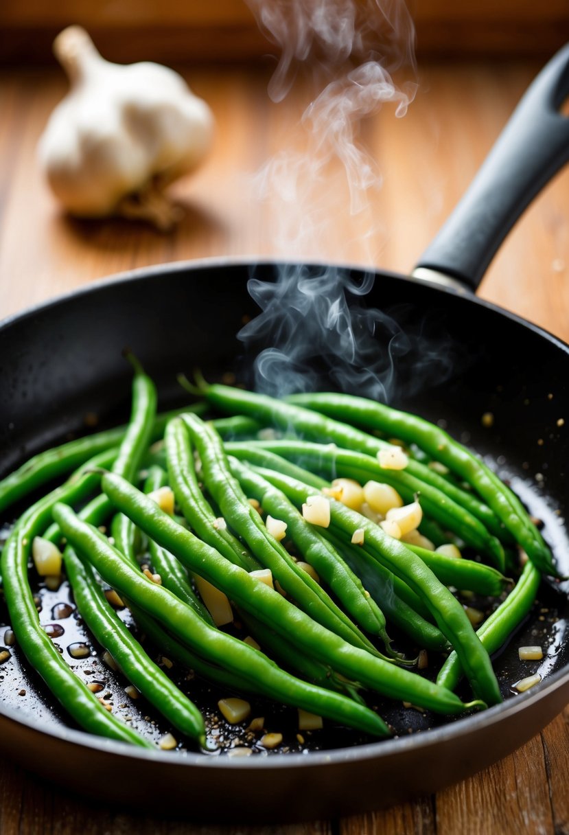 Fresh green beans sizzling in a skillet with garlic, emitting a delicious aroma