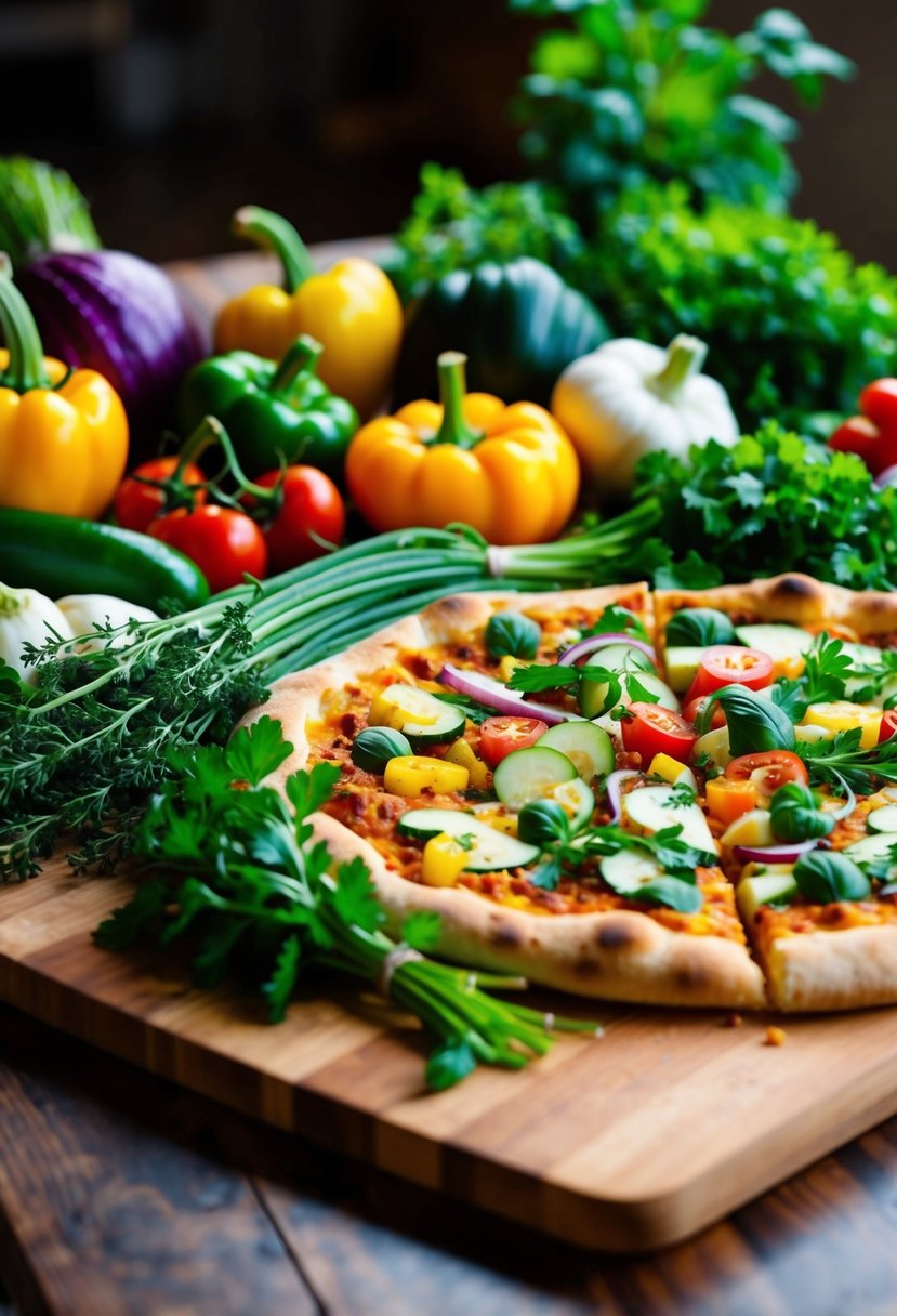 A colorful array of fresh vegetables, herbs, and a golden flatbread pizza on a wooden cutting board