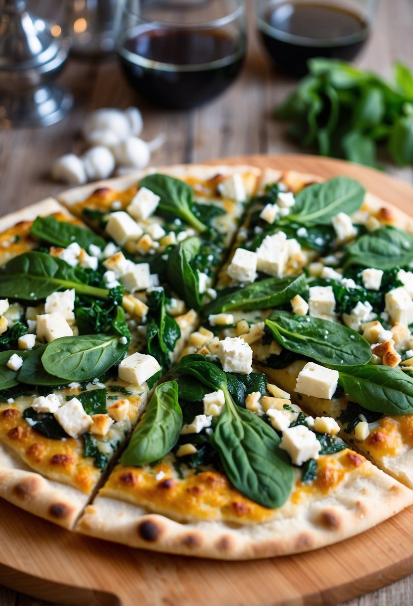 A flatbread pizza topped with spinach, feta cheese, and other ingredients, fresh out of the oven on a wooden cutting board