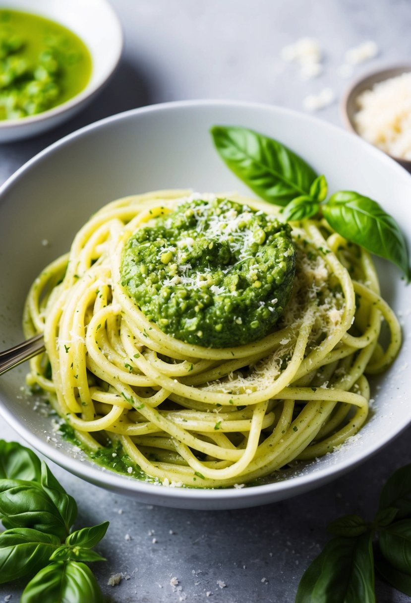 A bowl of basil pesto pasta with vibrant green sauce, sprinkled with grated cheese and garnished with fresh basil leaves