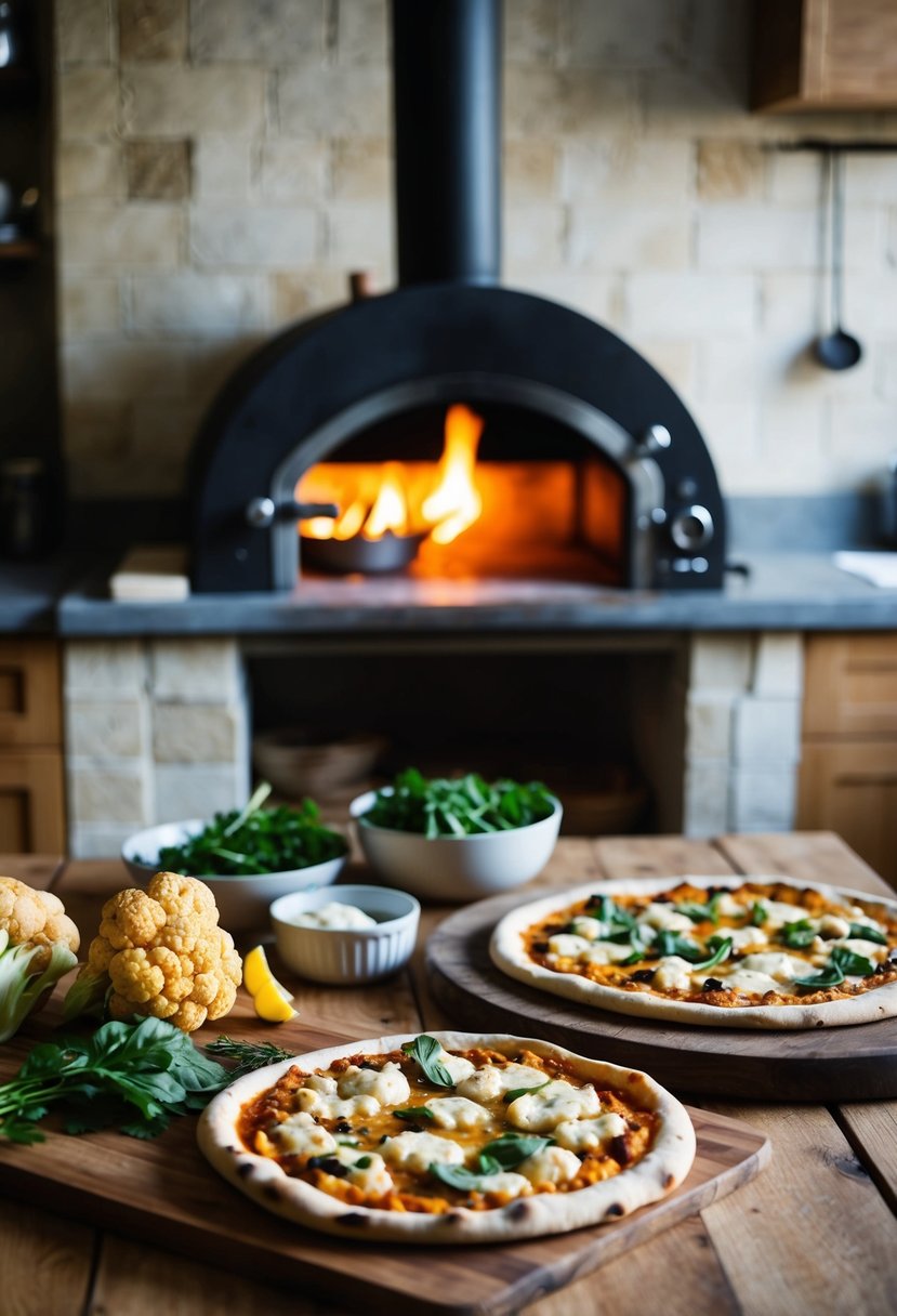 A rustic kitchen scene with a wood-fired oven, a spread of ingredients including buffalo cauliflower, and a finished flatbread pizza on a wooden board