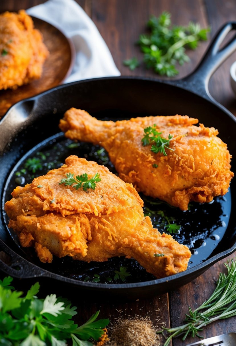 A sizzling cast iron skillet with golden, crispy Southern fried chicken, surrounded by fresh herbs and spices