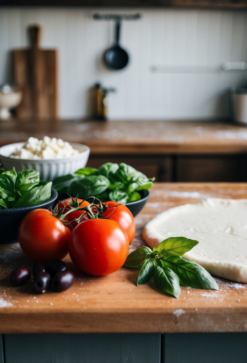 A rustic kitchen counter with fresh ingredients, including tomatoes, basil, olives, and feta cheese, laid out next to a rolled out pizza dough