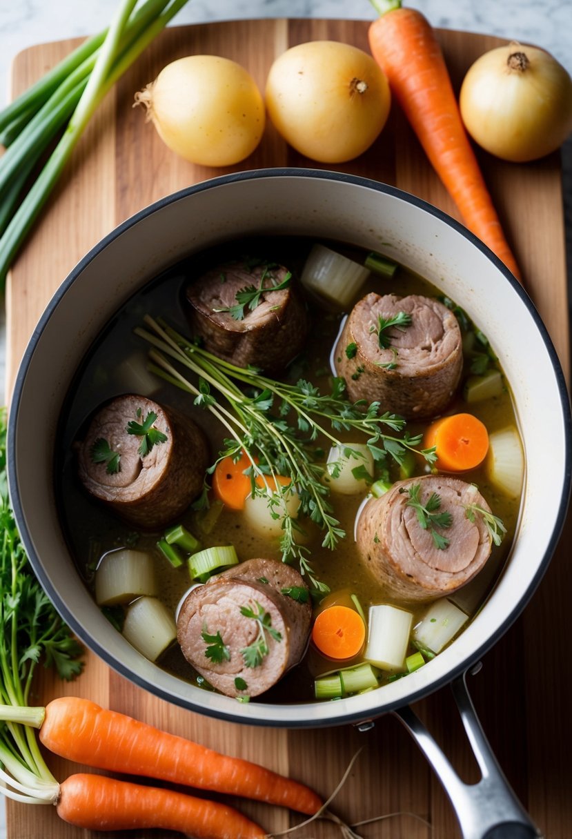 A pot simmering with oxtail, thyme, and scallions. Onions, carrots, and potatoes surround the pot on a wooden cutting board