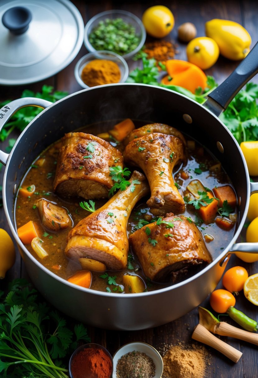 A large pot simmering with Jamaican oxtail, surrounded by vibrant spices and fresh herbs