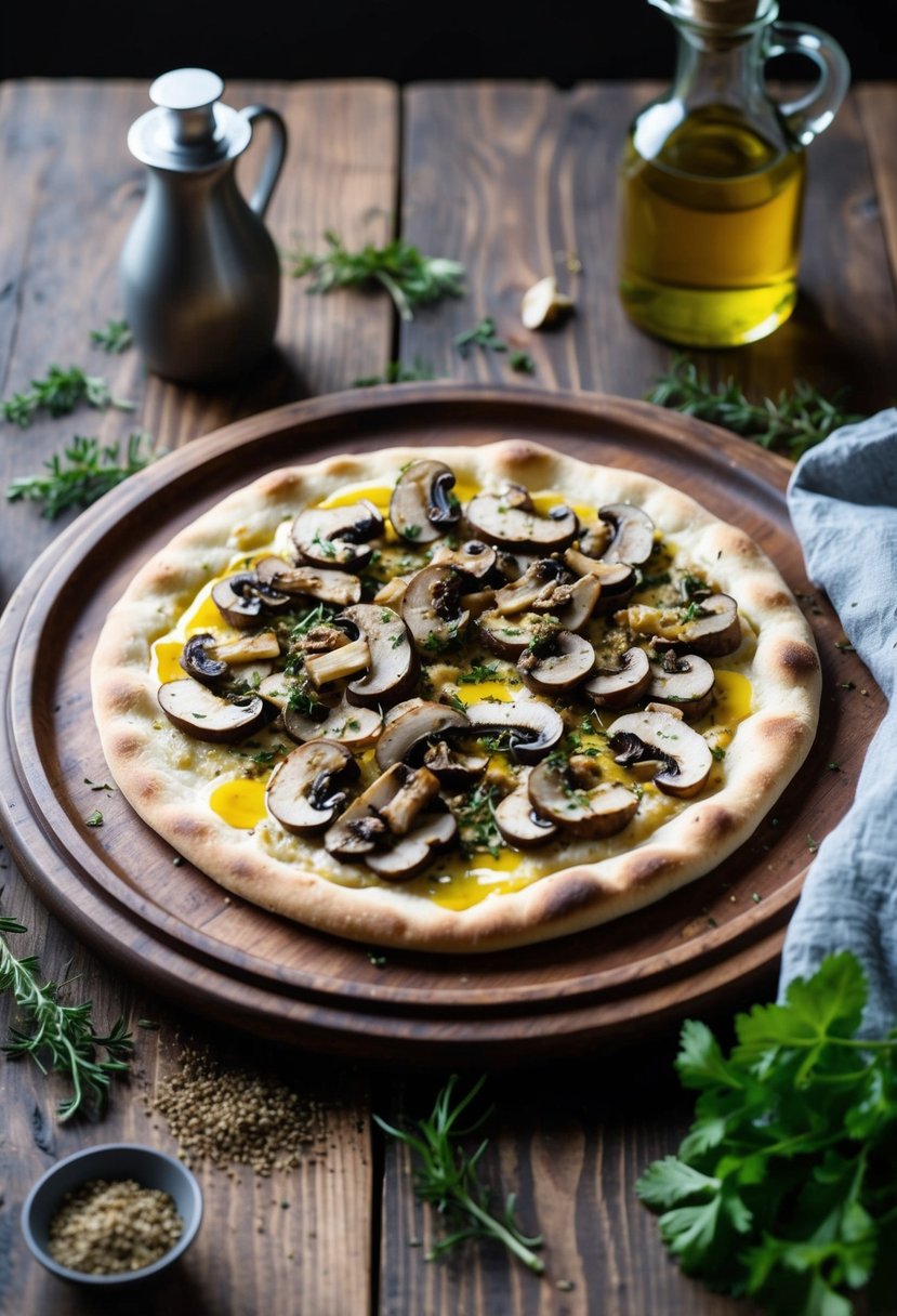 A rustic wooden table with a freshly baked flatbread pizza topped with mushrooms and drizzled with truffle oil, surrounded by scattered herbs and spices