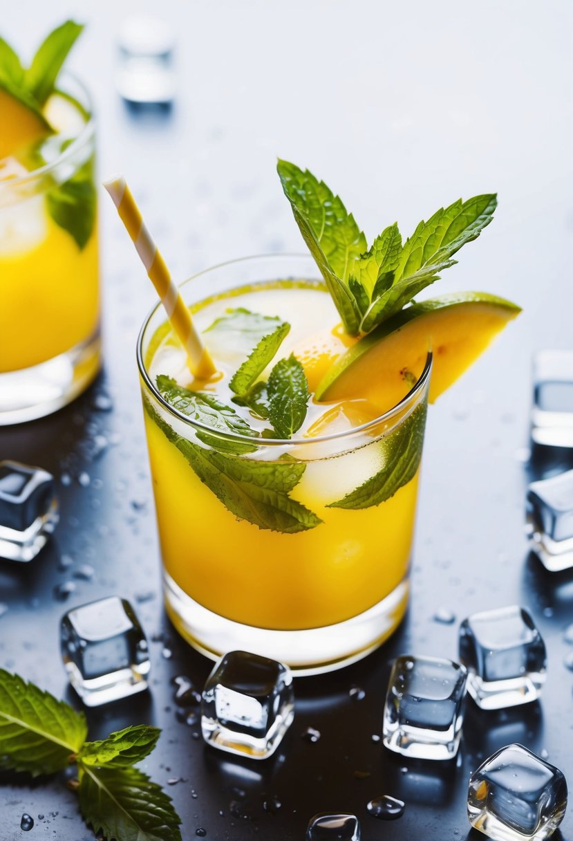 A glass filled with a refreshing mango mojito, garnished with mint leaves and a slice of fresh mango, surrounded by a scattering of ice cubes