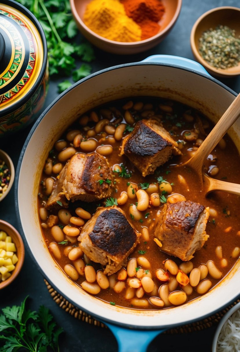 A pot of simmering oxtail and butter beans in a rich, savory sauce, surrounded by colorful Jamaican spices and herbs