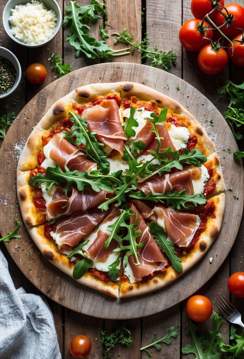 A rustic wooden table with a freshly baked prosciutto and arugula flatbread pizza, surrounded by scattered ingredients like tomatoes, cheese, and herbs