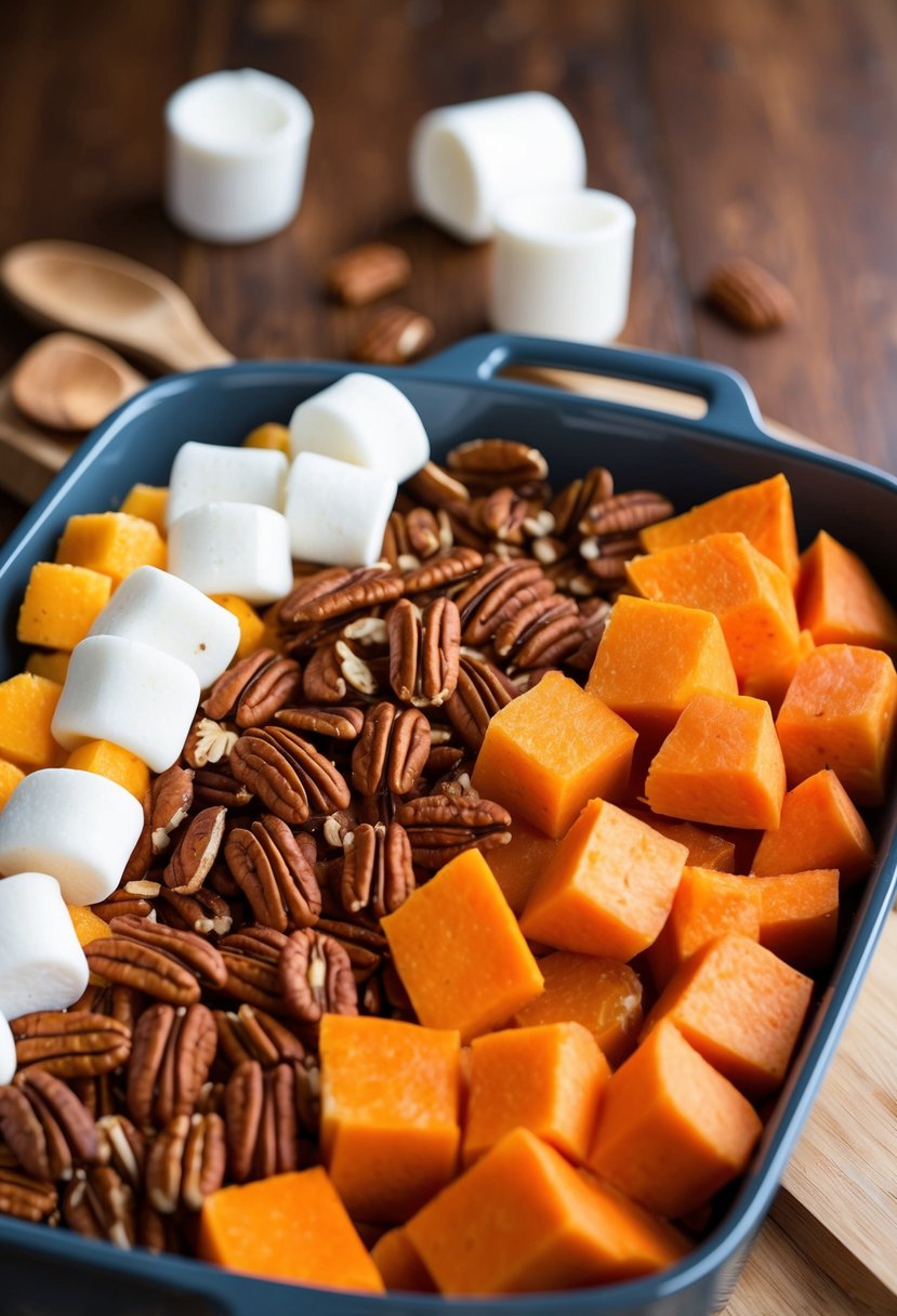 A colorful array of sweet potatoes, pecans, and marshmallows arranged in a baking dish, ready to be mixed and baked into a delicious casserole