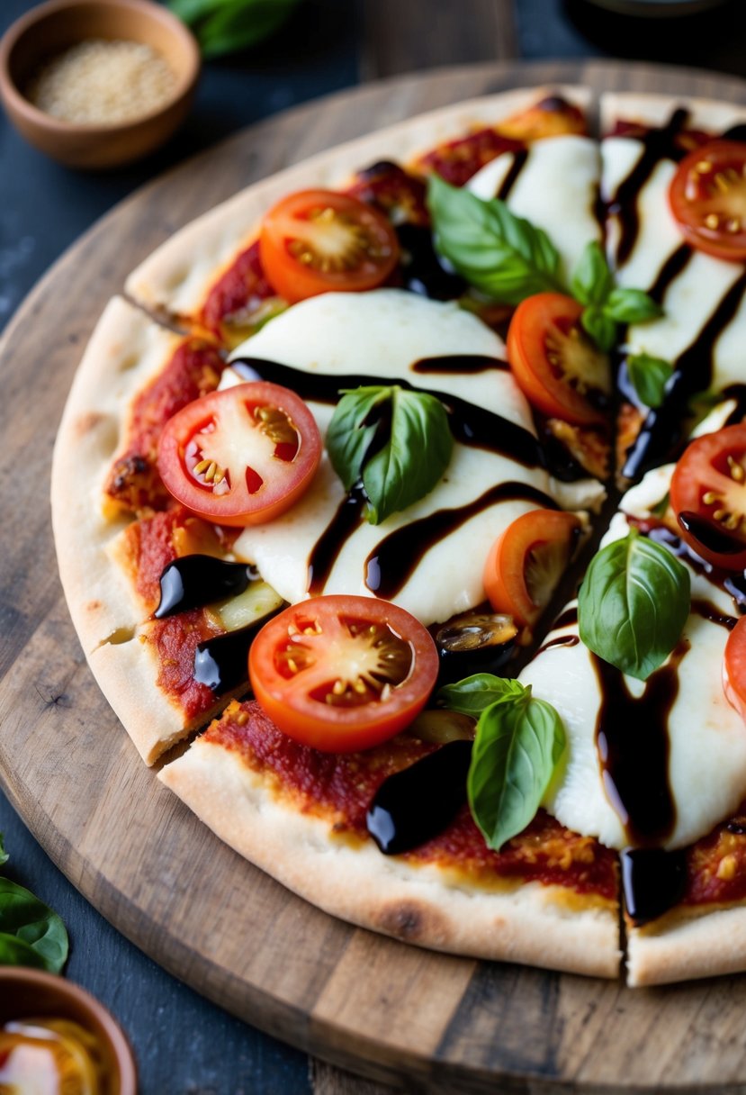 A flatbread pizza topped with fresh mozzarella, ripe tomatoes, basil, and drizzled with balsamic glaze on a rustic wooden cutting board