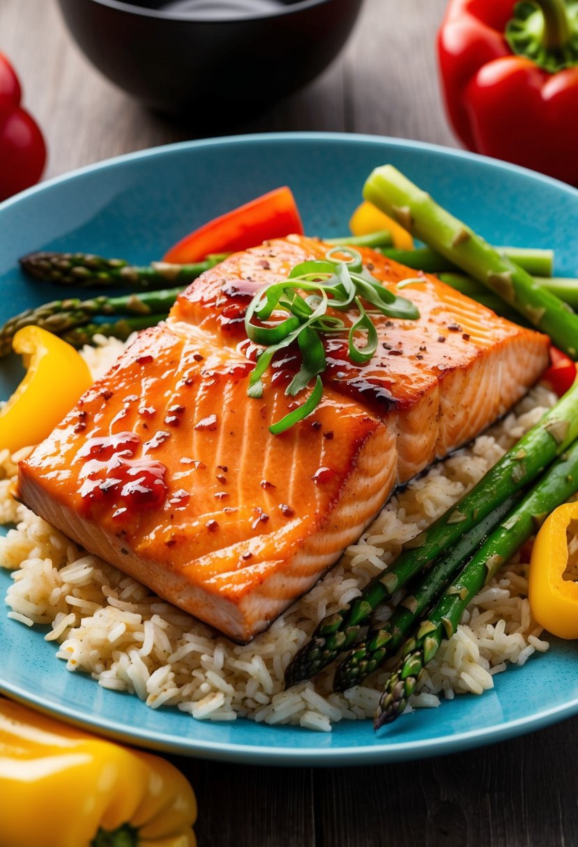 A sizzling teriyaki salmon fillet on a bed of steamed rice, surrounded by vibrant green asparagus and colorful bell peppers