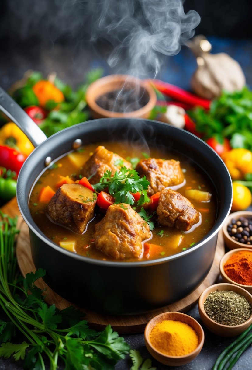 A steaming pot of Jamaican oxtail soup surrounded by vibrant Caribbean spices and fresh herbs