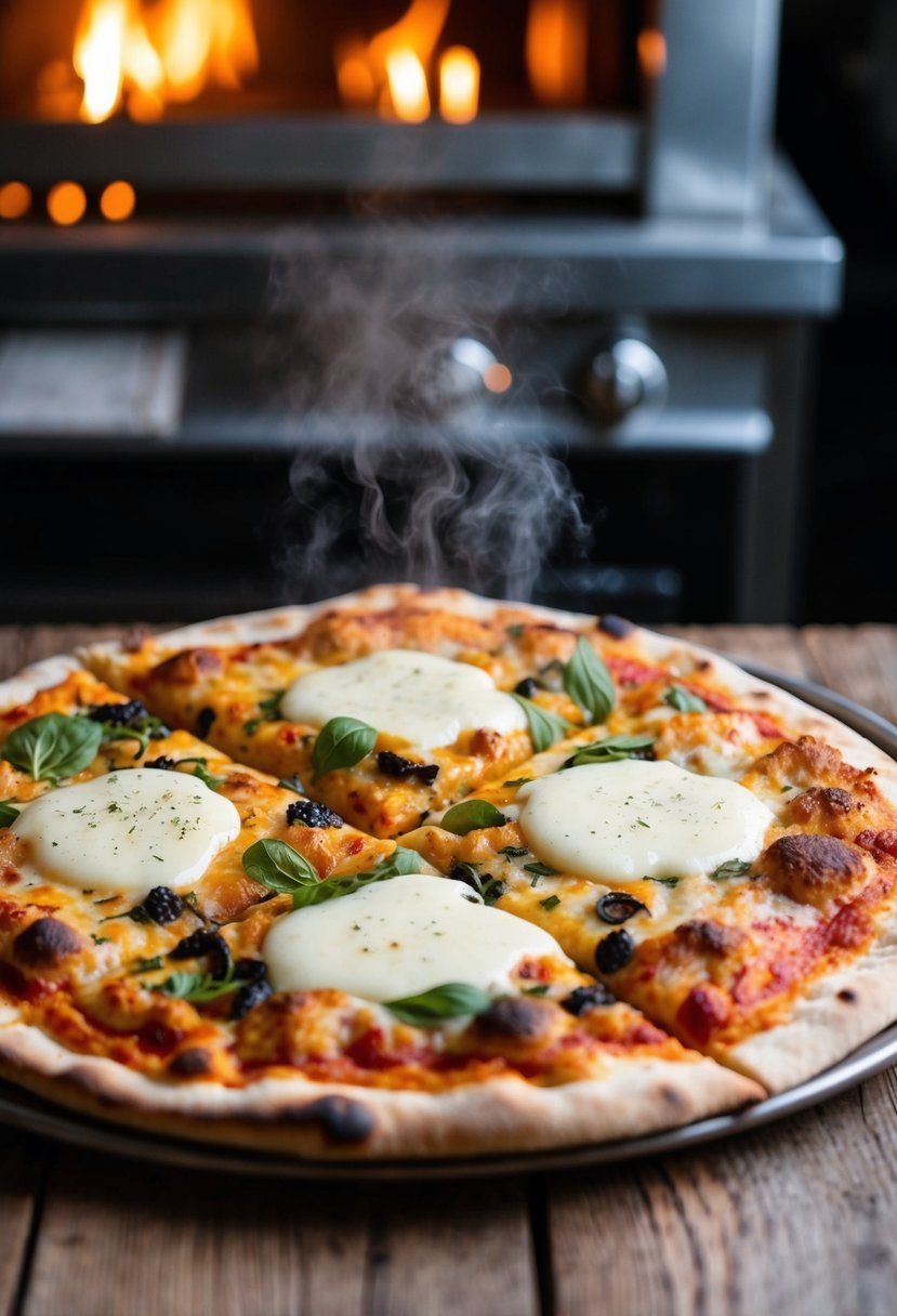 A rustic wooden table with a freshly baked flatbread pizza topped with a colorful blend of four cheeses, oozing and bubbling from the oven