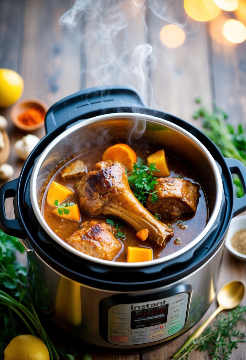 A steaming Instant Pot filled with savory Jamaican oxtail stew, surrounded by vibrant spices and fresh herbs