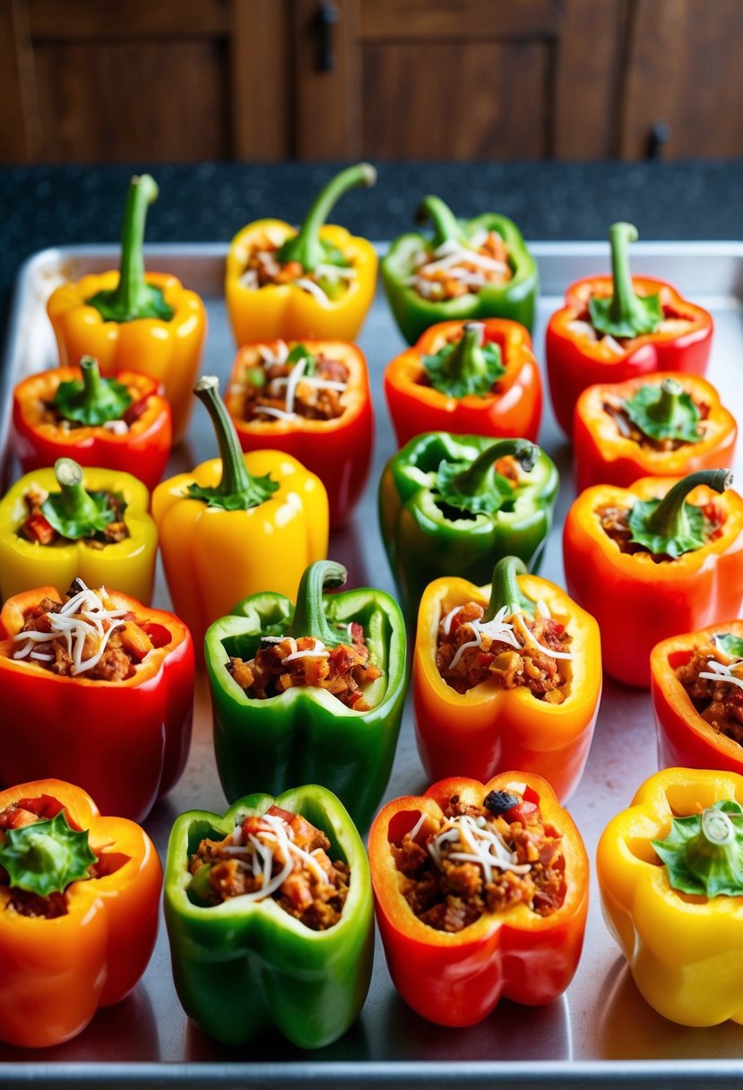 A colorful array of bell peppers, sliced and filled with a savory mixture, arranged on a baking sheet