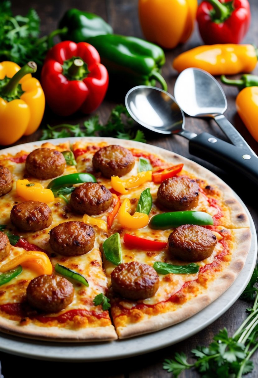 A colorful flatbread pizza topped with sizzling sausage, vibrant peppers, and melted cheese, surrounded by fresh ingredients and cooking utensils