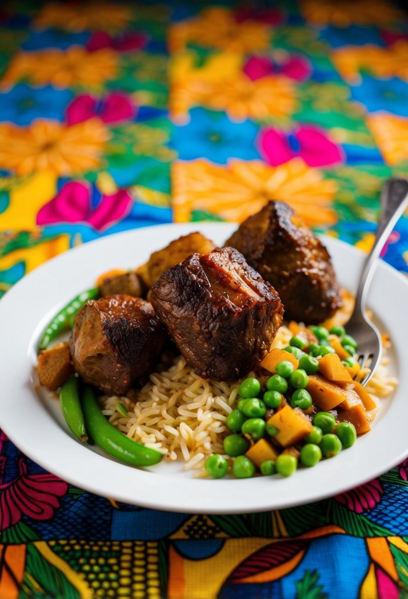 A steaming plate of Jamaican Oxtail with Rice and Peas on a colorful, patterned tablecloth