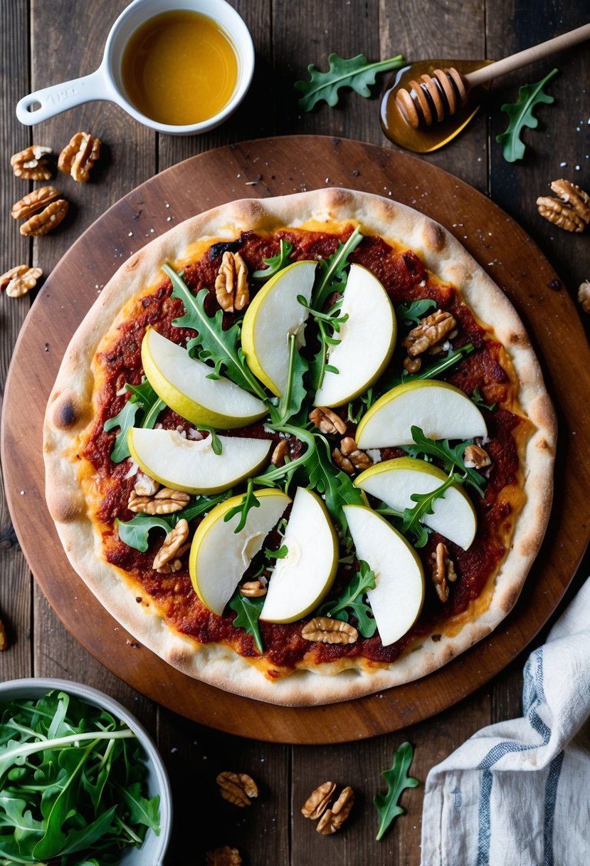 A rustic wooden table with a freshly baked pear and gorgonzola flatbread pizza, surrounded by scattered ingredients like arugula, walnuts, and honey